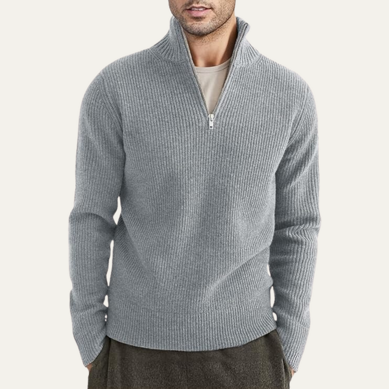 Men's Vertical Ribbed Quarter Zip Sweater, High Stand Collar Winter Pullover