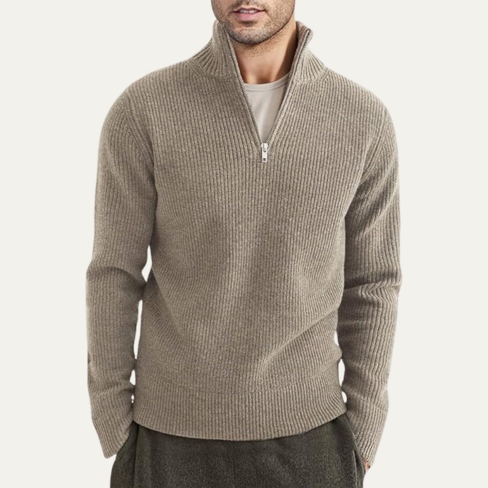 Men's Vertical Ribbed Quarter Zip Sweater, High Stand Collar Winter Pullover