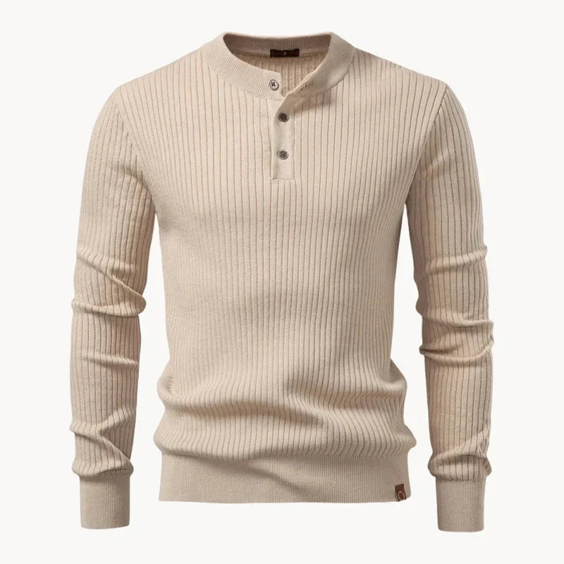 Men's Ribbed Knit Henley Sweater, Three Button Long Sleeve Pullover