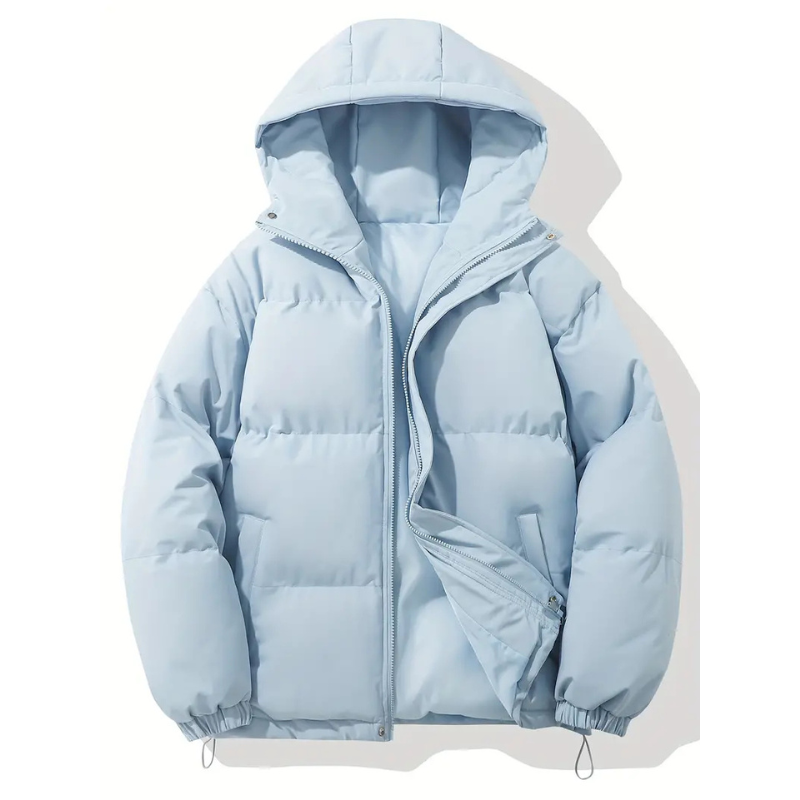 Men's Boxy Hooded Puffer Jacket, Quilted Drawcord Hem Zip Up Winter Coat