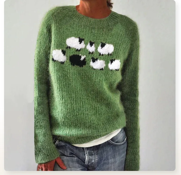 Women's Mixed Pattern Fuzzy Knit Sweater, Relaxed Crewneck Retro Pullover