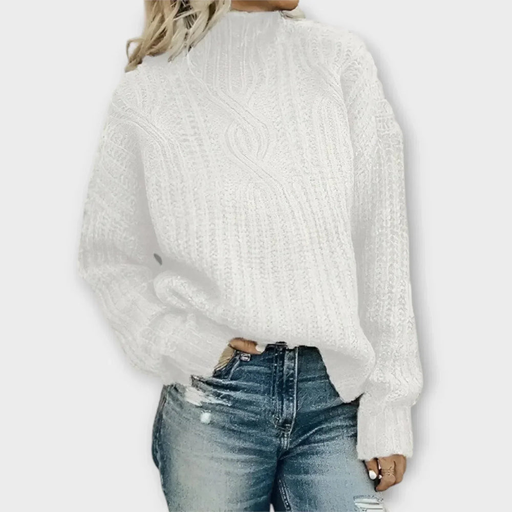 Women's Chunky Cable Knit Sweater, Mock Neck Oversized Drop Shoulder Pullover