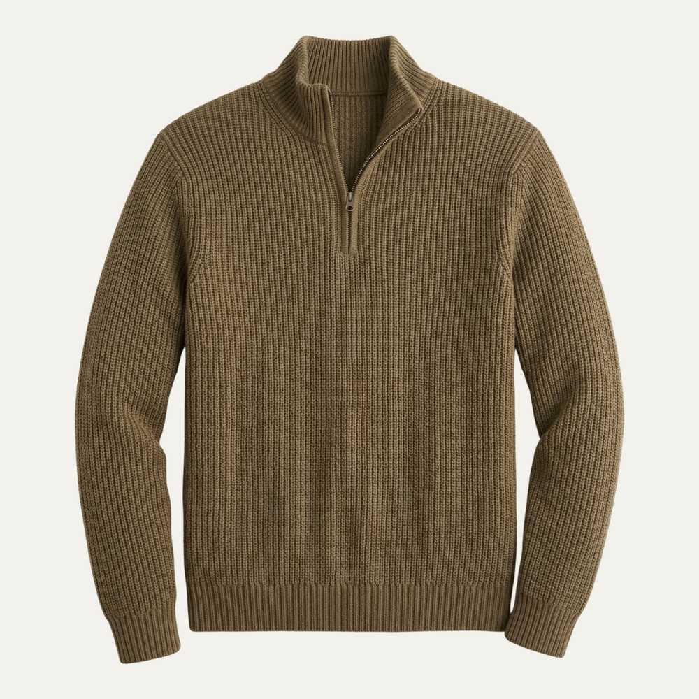 Men's Heavy Rib Knit Quarter Zip Sweater, Stand Collar Metal Zip Winter Pullover