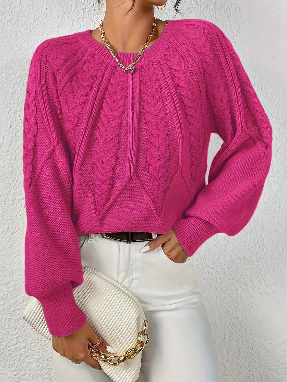 Women's Chevron Cable Knit Sweater, Lantern Sleeve Crewneck Pullover