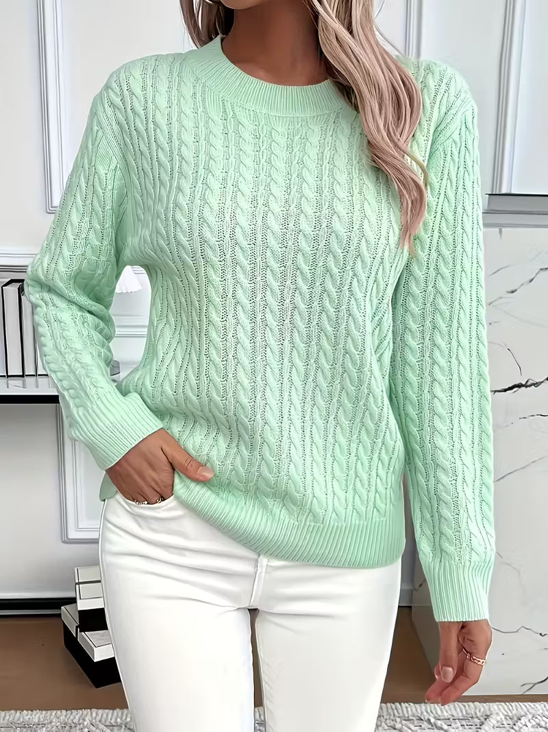Women's Cable Knit Crewneck Sweater, Classic Fit Long Sleeve Winter Pullover
