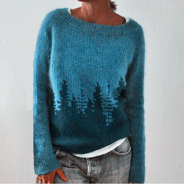 Women's Tonal Forest Knit Sweater, Tree Silhouette Crewneck Pullover
