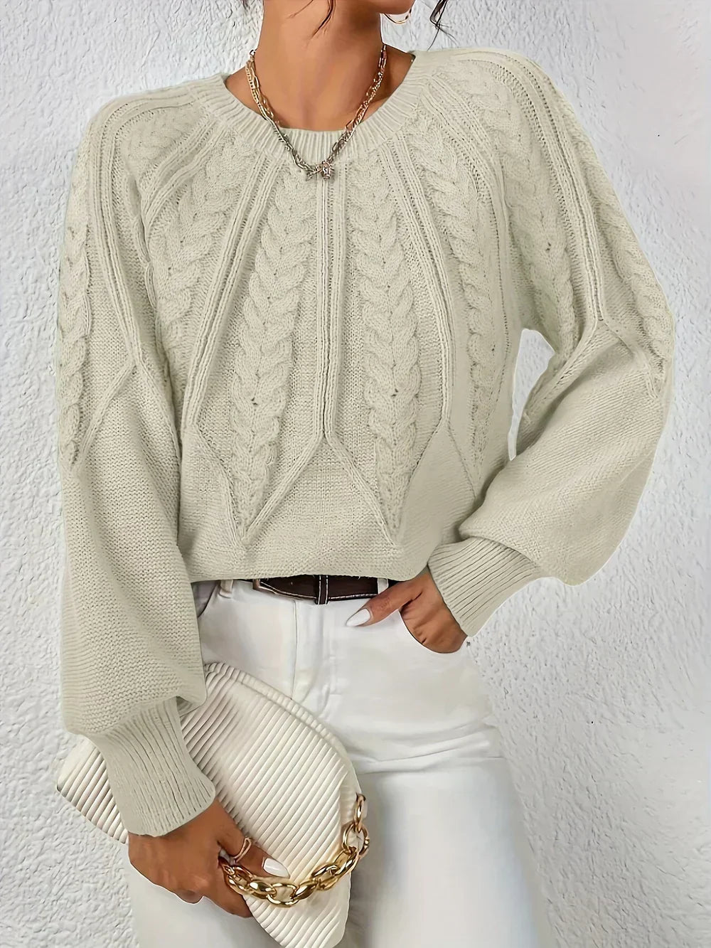 Women's Chevron Cable Knit Sweater, Lantern Sleeve Crewneck Pullover