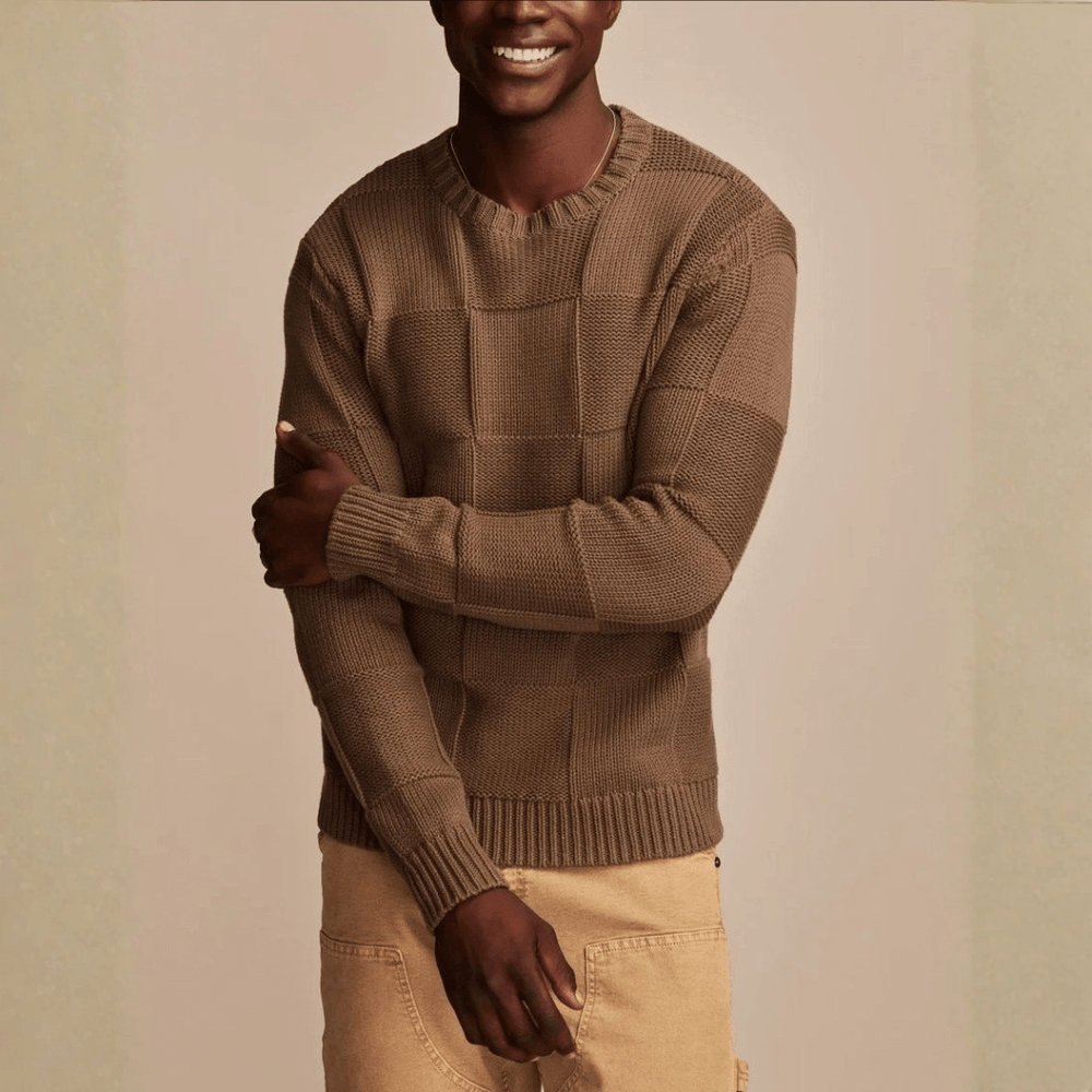 Men's Checkerboard Textured Knit Sweater, Crewneck Everyday Winter Pullover