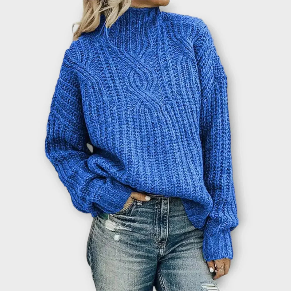 Women's Chunky Cable Knit Sweater, Mock Neck Oversized Drop Shoulder Pullover
