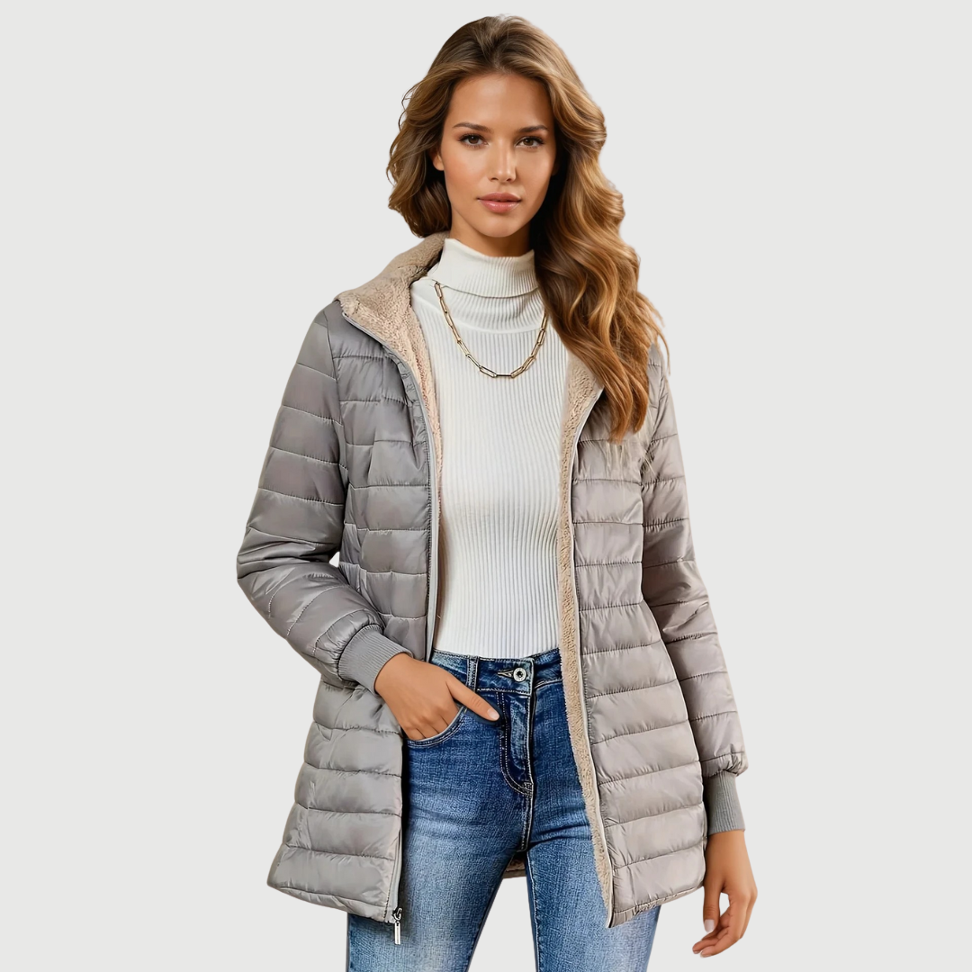 Women's Fleece Lined Quilted Puffer Jacket, Hooded Zip Up Fitted Winter Coat