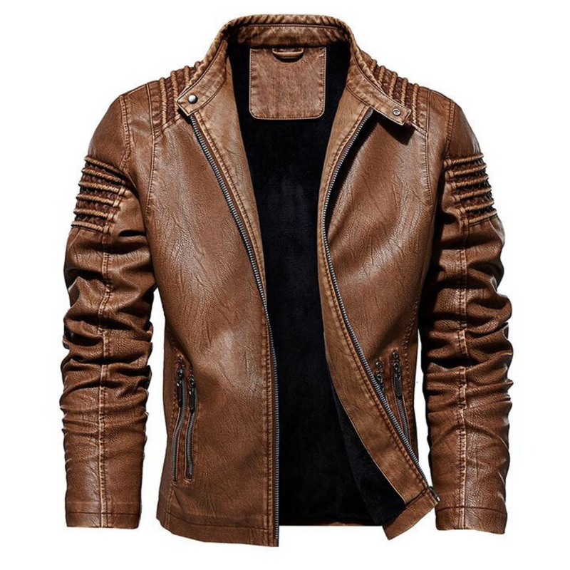 Men's Fleece Lined Faux Leather Moto Jacket, Ridged Shoulder Zip Up Biker Jacket