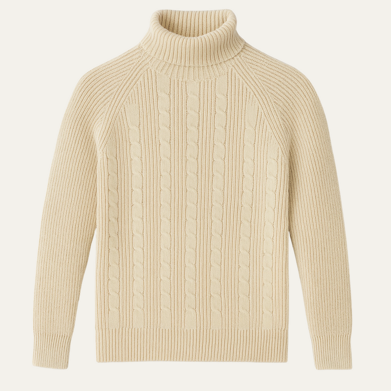 Men's Beige Cable-Knit Sweater, Turtleneck Pullover
