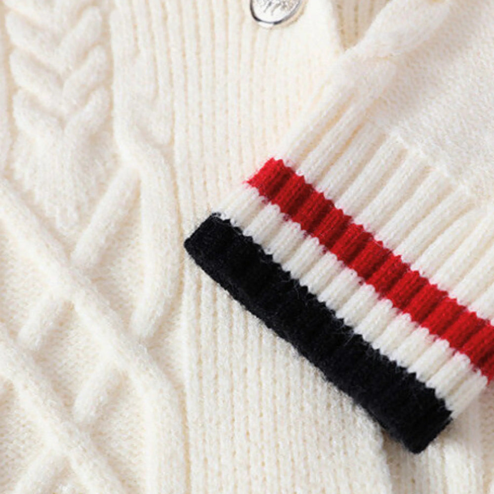 Men's Cable Knit Shawl Collar Cardigan, Striped Cuff Button Front Sweater
