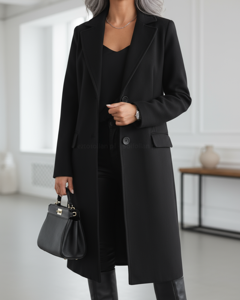 Women's Longline Notch Lapel Overcoat, Two Button Flap Pocket Winter Coat