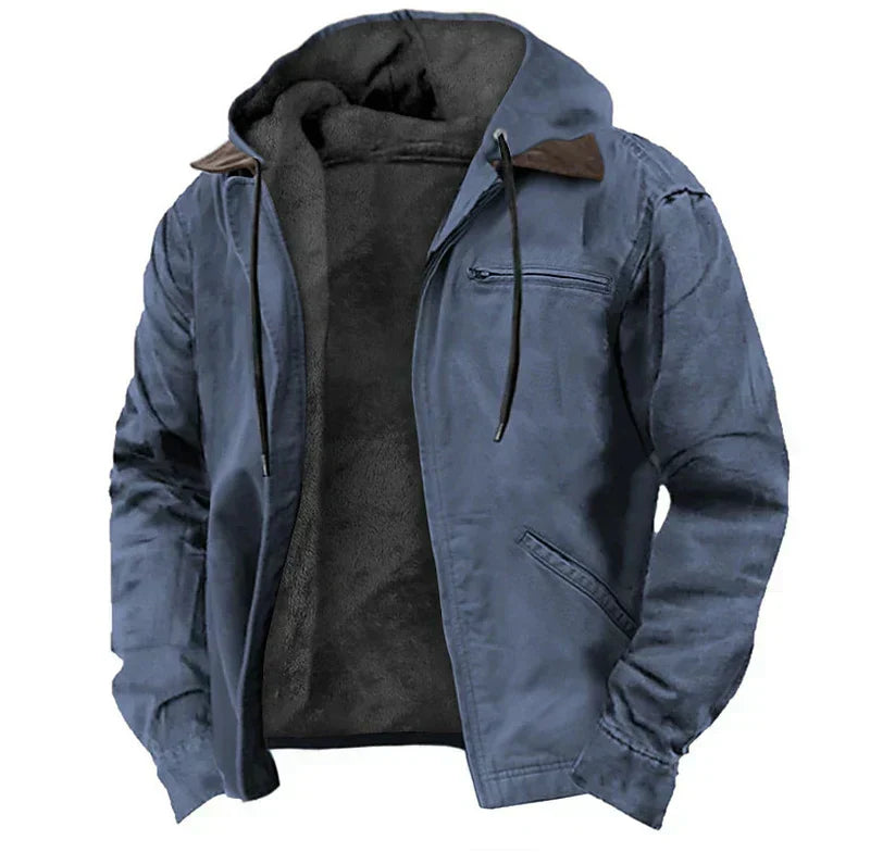 Men's Fleece Lined Hooded Work Jacket, Rugged Washed Utility Winter Jacket