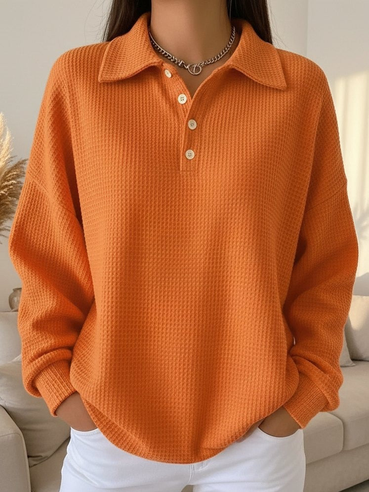 Women's Waffle Knit Polo Sweater, Four Button Collared Oversized Pullover