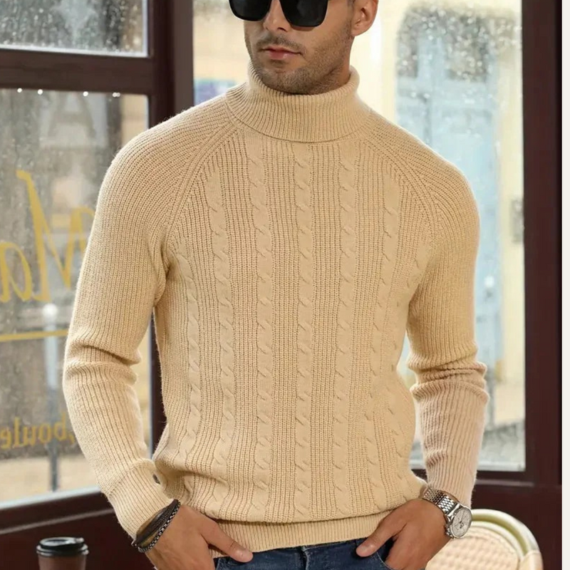 Men's Beige Cable-Knit Sweater, Turtleneck Pullover