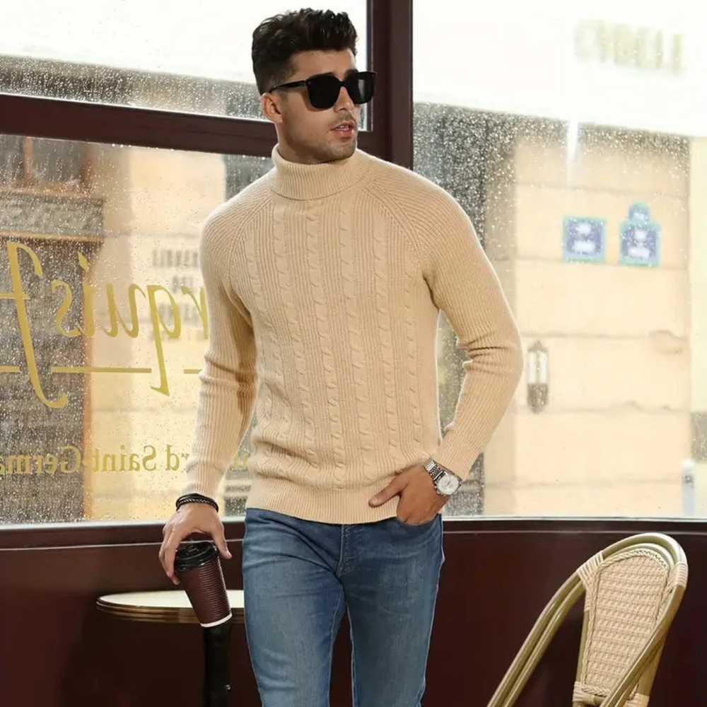 Men's Beige Cable-Knit Sweater, Turtleneck Pullover