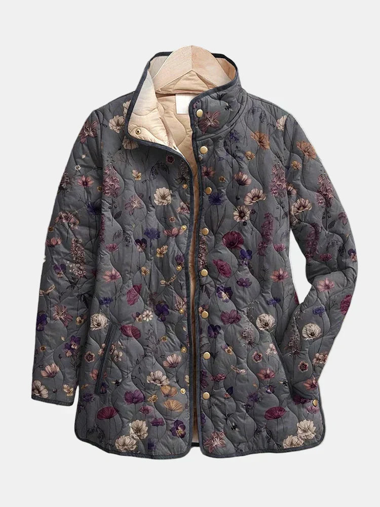 Women's Floral Quilted Jacket, Stand Collar Snap Front Lightweight Coat