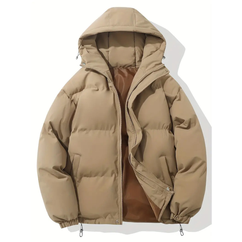 Men's Boxy Hooded Puffer Jacket, Quilted Drawcord Hem Zip Up Winter Coat