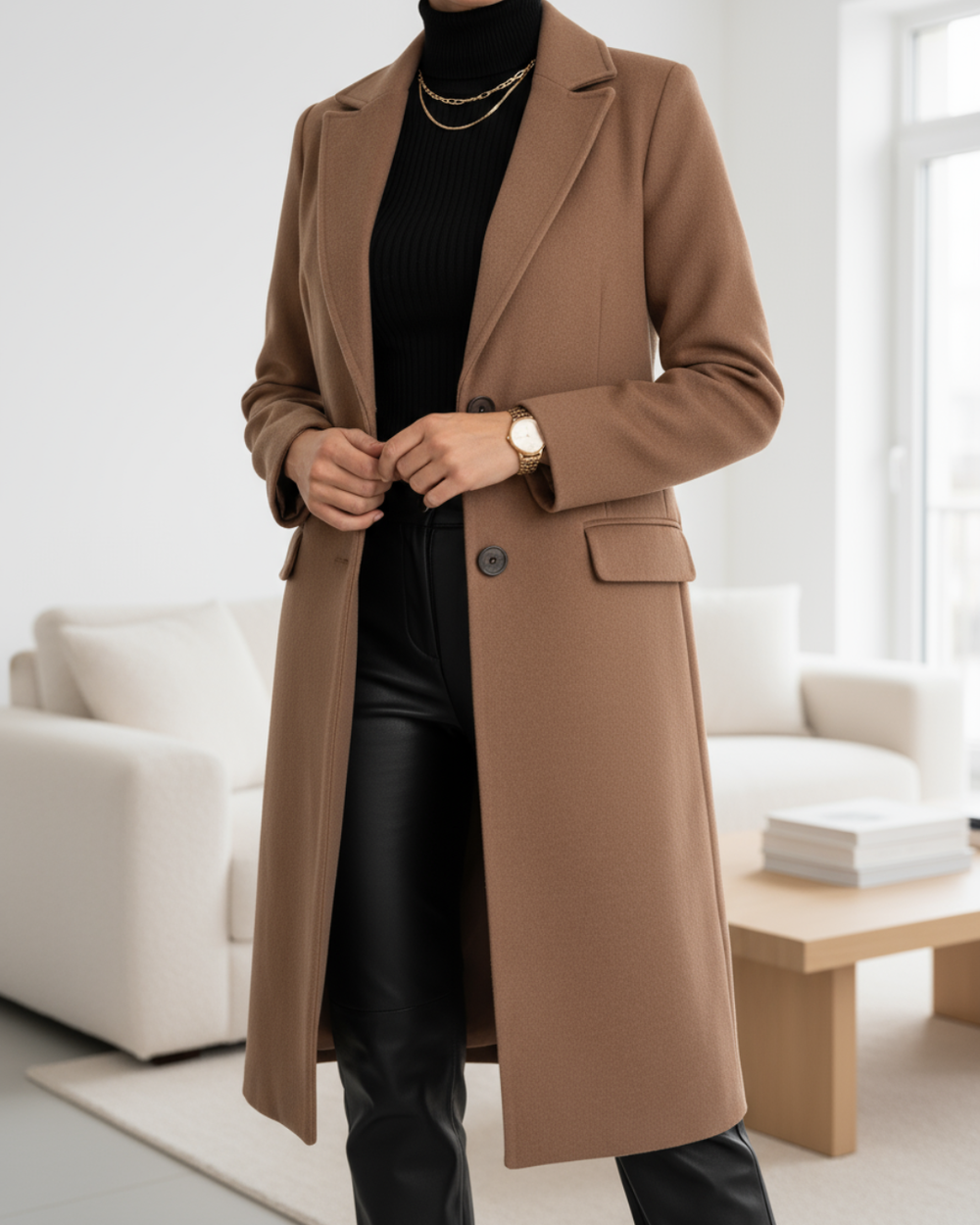 Women's Longline Notch Lapel Overcoat, Two Button Flap Pocket Winter Coat