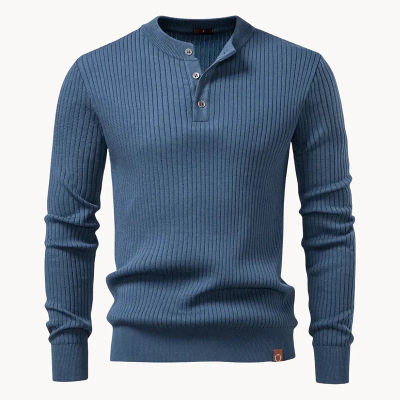 Men's Ribbed Knit Henley Sweater, Three Button Long Sleeve Pullover
