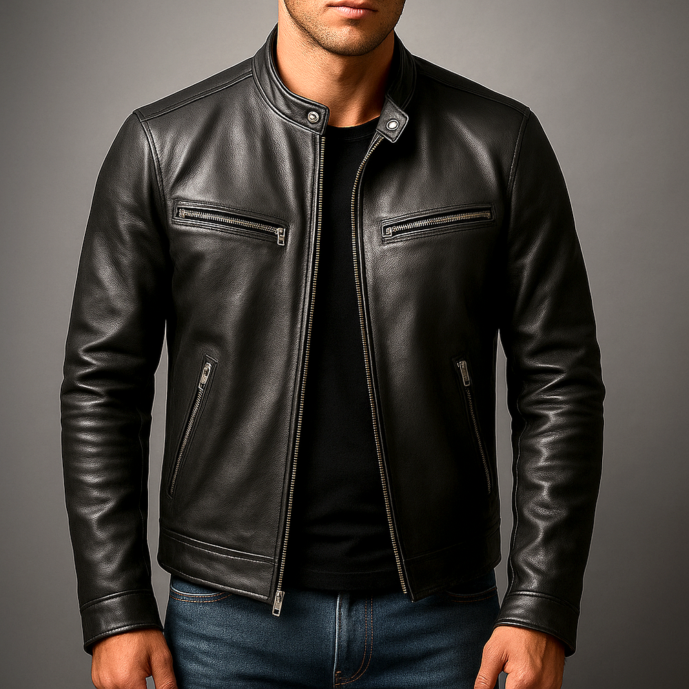 Men's Faux Leather Snap Collar Moto Jacket, Zip Up Racer Style Biker Jacket