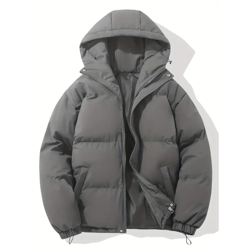 Men's Boxy Hooded Puffer Jacket, Quilted Drawcord Hem Zip Up Winter Coat