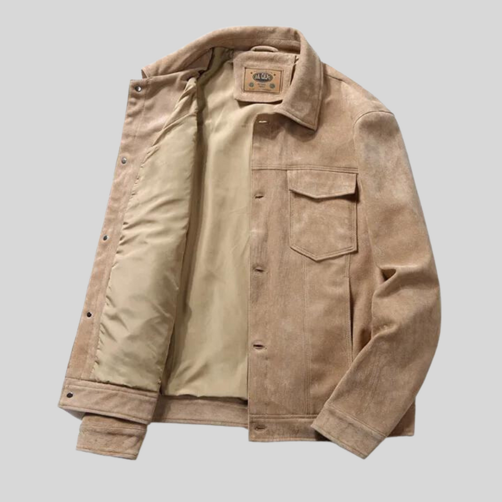 Men's Faux Suede Trucker Jacket, Snap Front Point Collar Lined Jacket