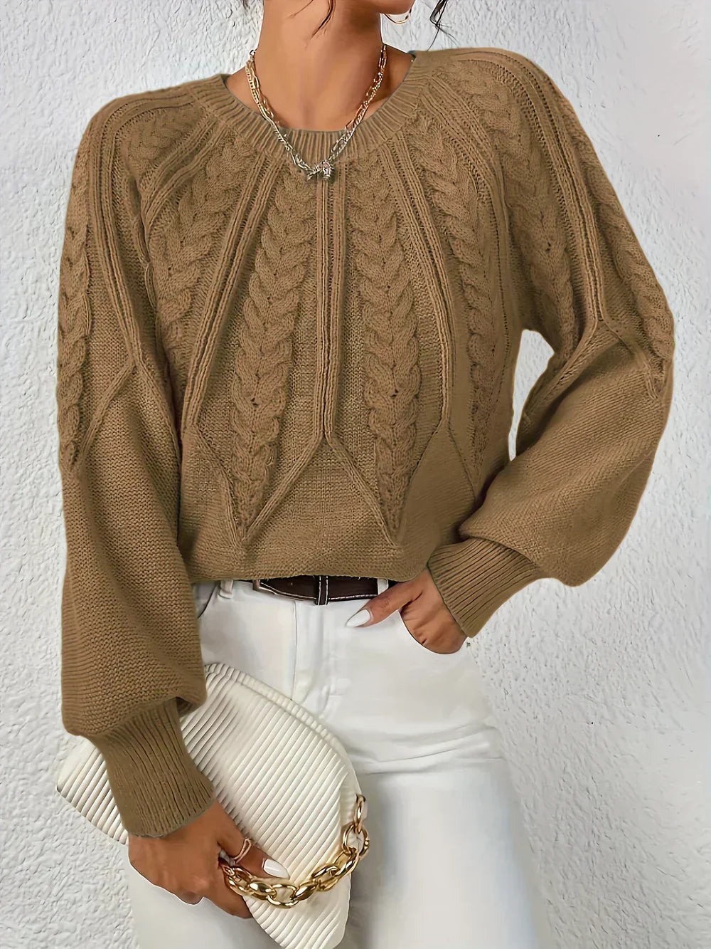 Women's Chevron Cable Knit Sweater, Lantern Sleeve Crewneck Pullover