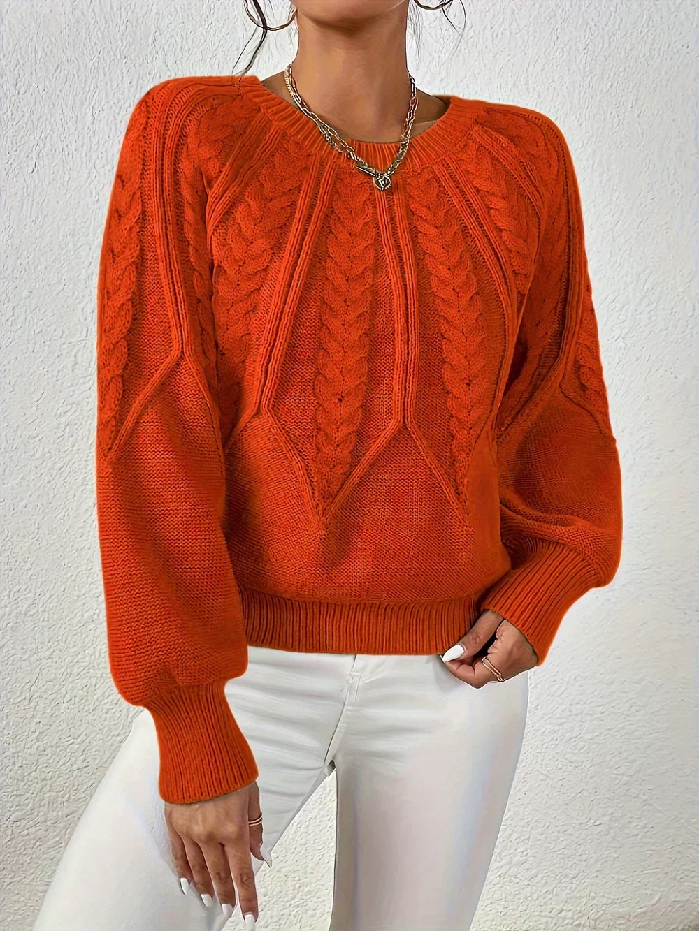 Women's Chevron Cable Knit Sweater, Lantern Sleeve Crewneck Pullover