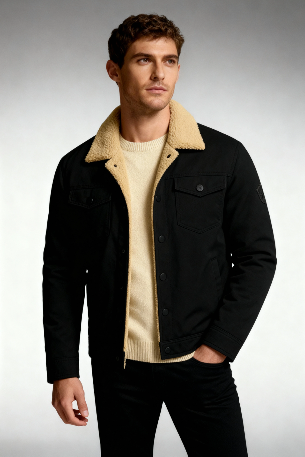 Men's Sherpa Collar Twill Trucker Jacket, Button Front Lined Winter Jacket