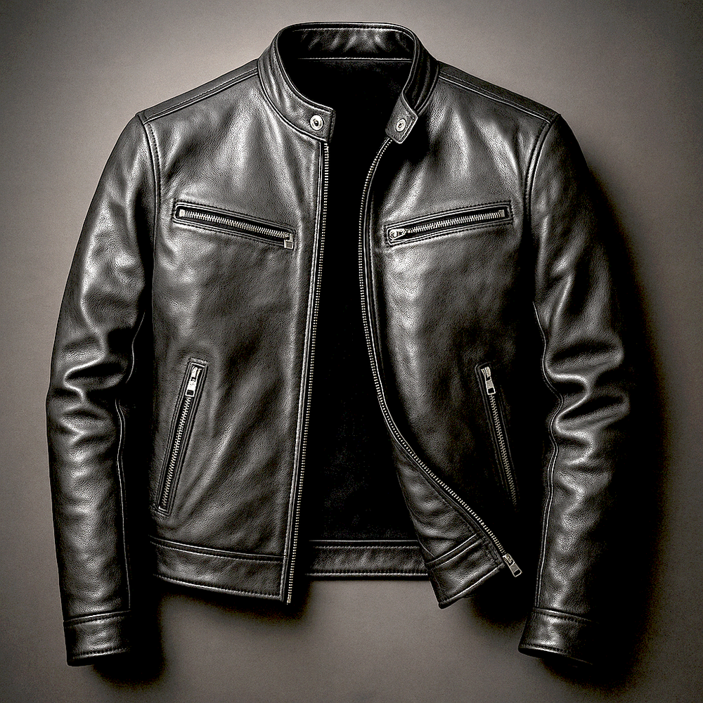 Men's Faux Leather Snap Collar Moto Jacket, Zip Up Racer Style Biker Jacket