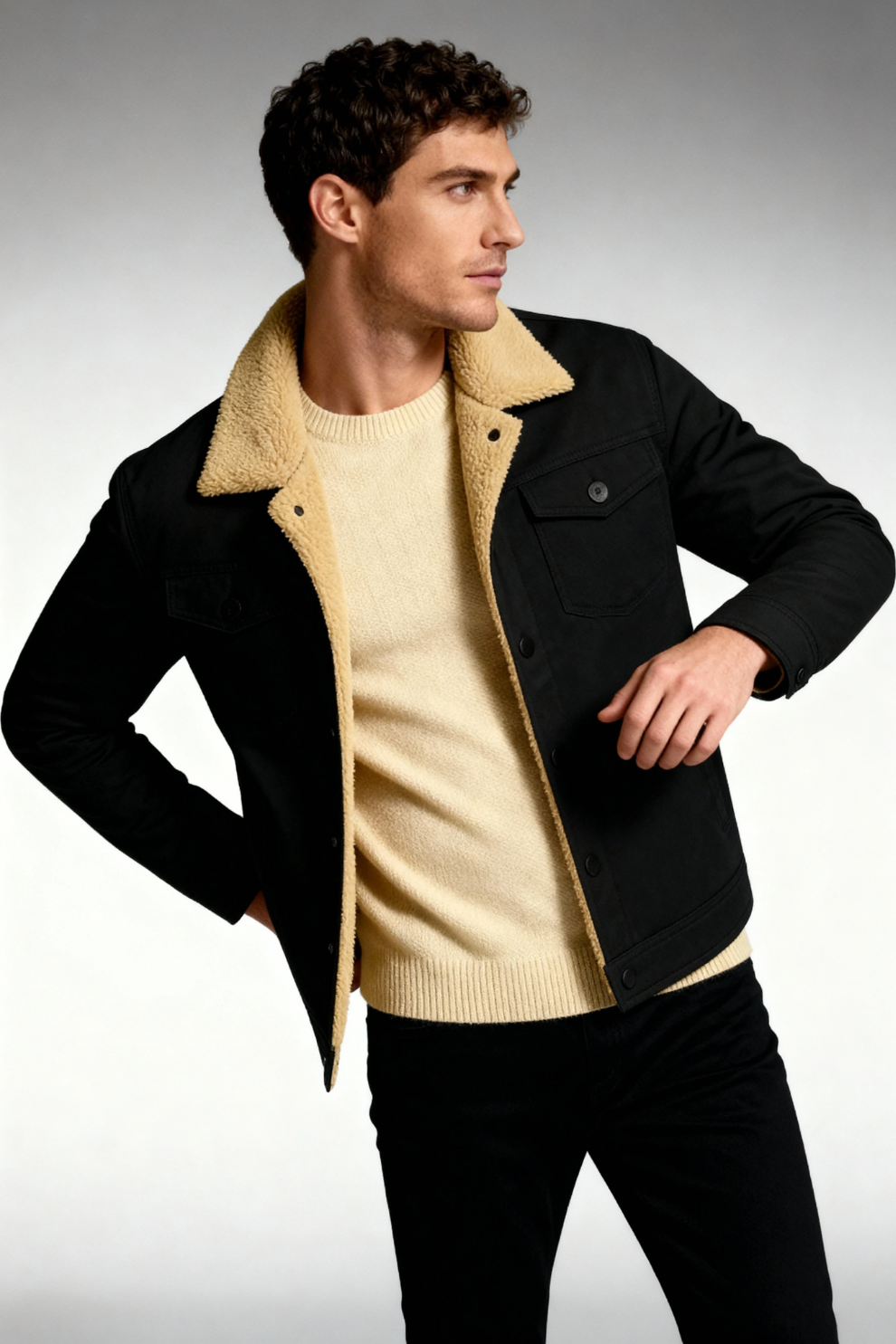 Men's Sherpa Collar Twill Trucker Jacket, Button Front Lined Winter Jacket