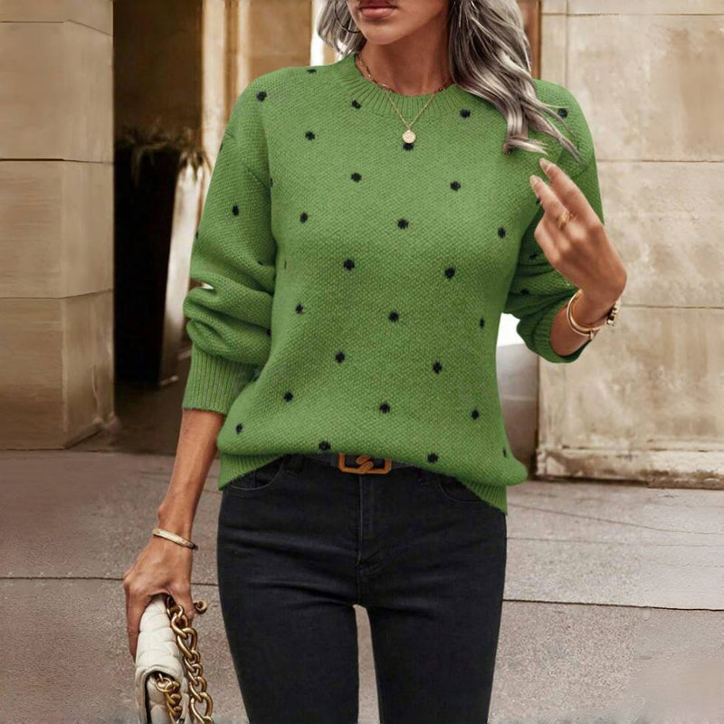 Women's Polka Dot Knit Sweater, Relaxed Crewneck Drop Shoulder Pullover