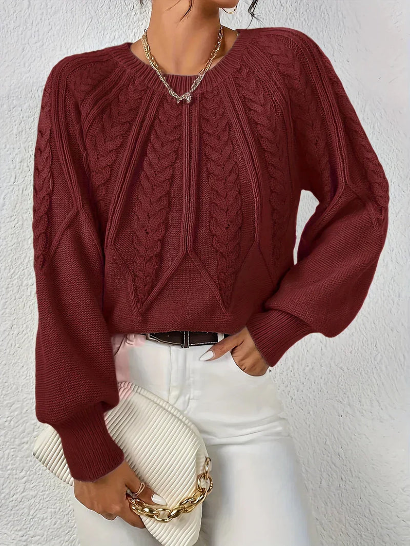 Women's Chevron Cable Knit Sweater, Lantern Sleeve Crewneck Pullover