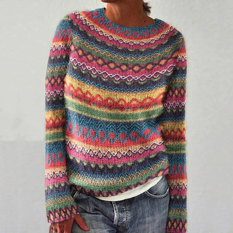 Women's Mixed Pattern Fuzzy Knit Sweater, Relaxed Crewneck Retro Pullover