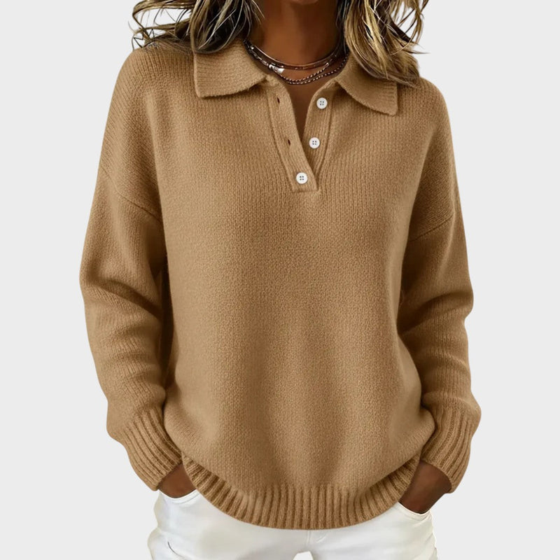 Women's Polo Collar Knit Sweater, Button Neck Relaxed Drop Shoulder Pullover