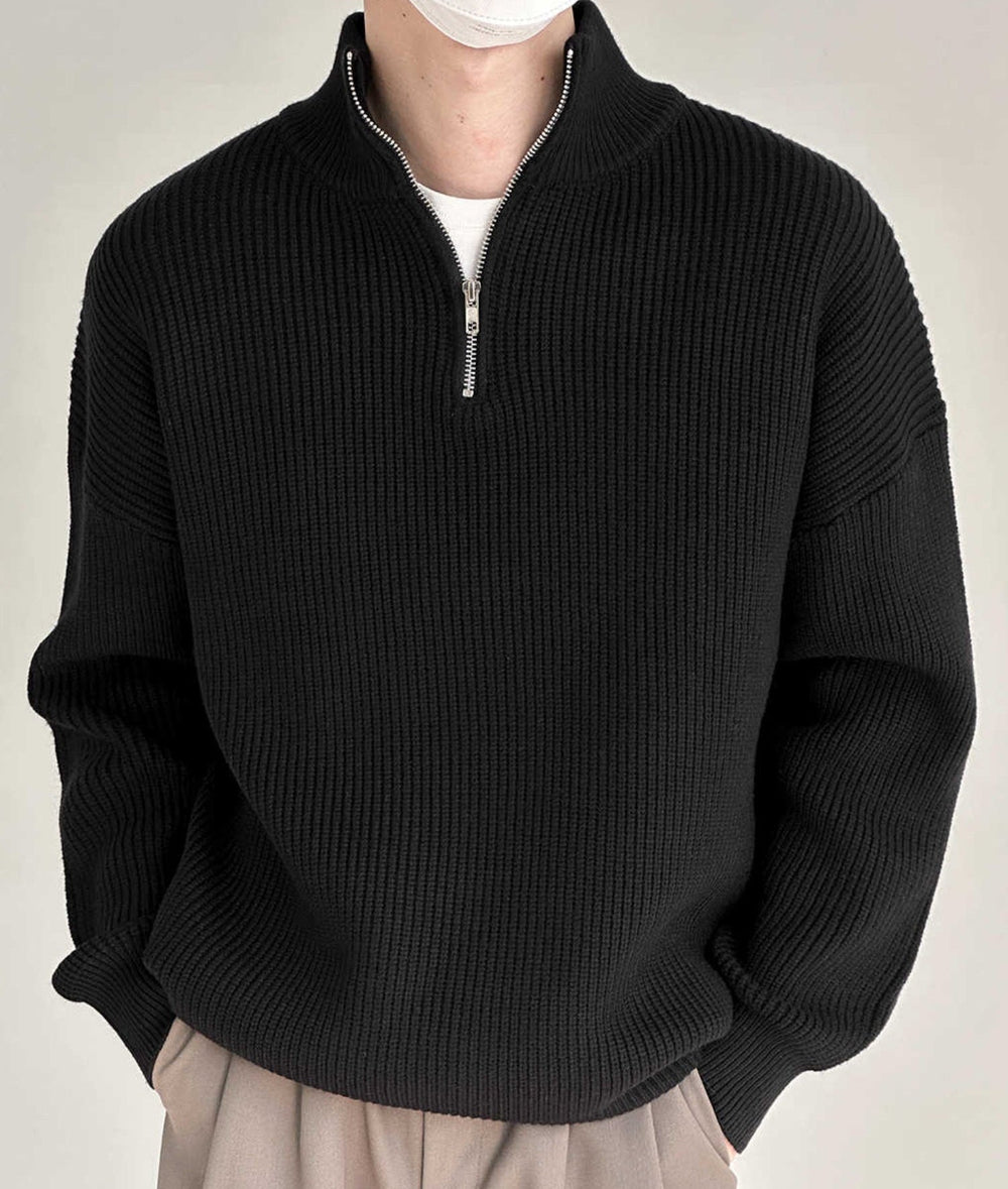 Men's Zip-Up Knit Sweater, Oversized Winter Pullover