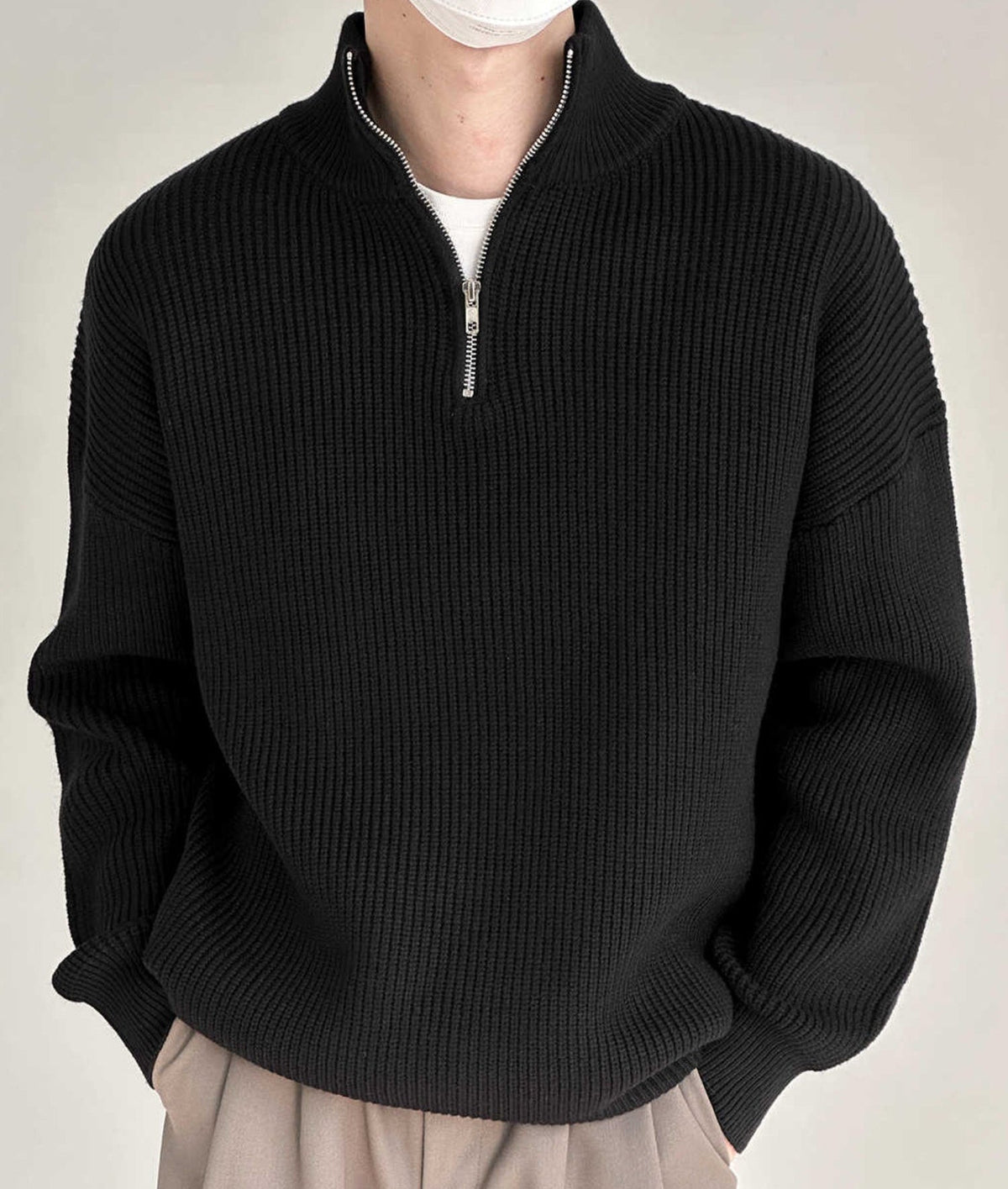 Men's Zip-Up Knit Sweater, Oversized Winter Pullover