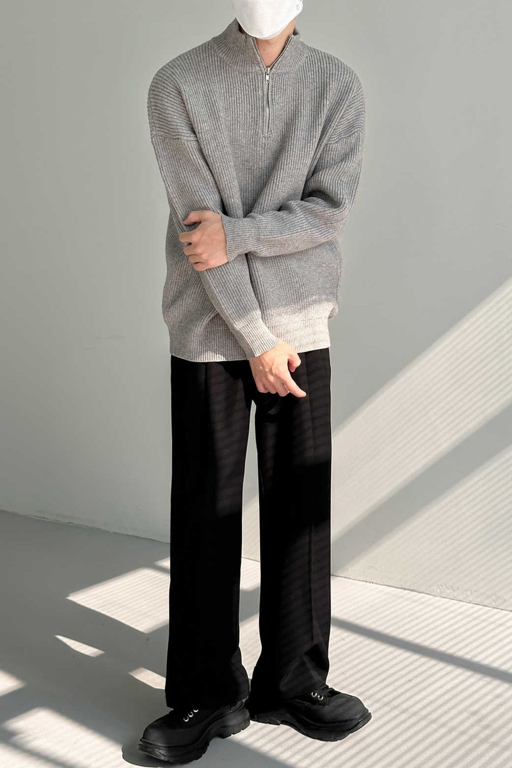 Men's Zip-Up Knit Sweater, Oversized Winter Pullover