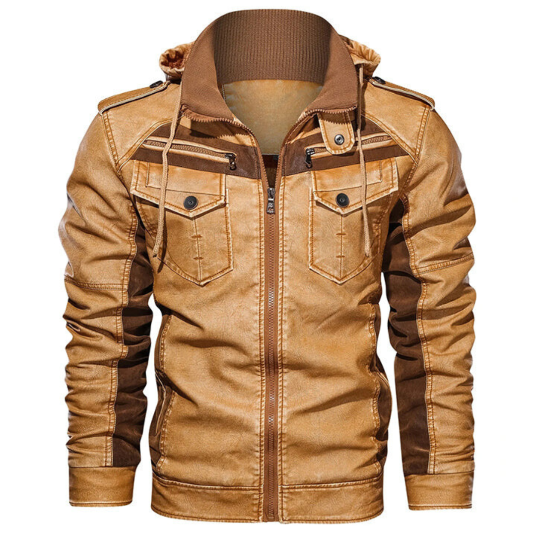 Men's Hooded Faux Leather Jacket, Zip Up Flap Pocket Two-Tone Utility Jacket