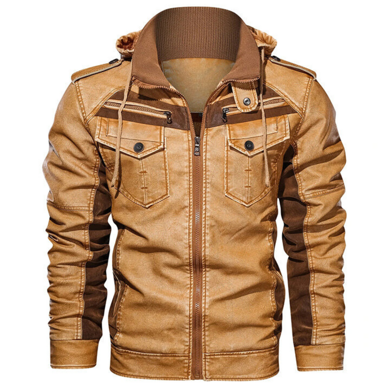 Men's Hooded Faux Leather Jacket, Zip Up Flap Pocket Two-Tone Utility Jacket