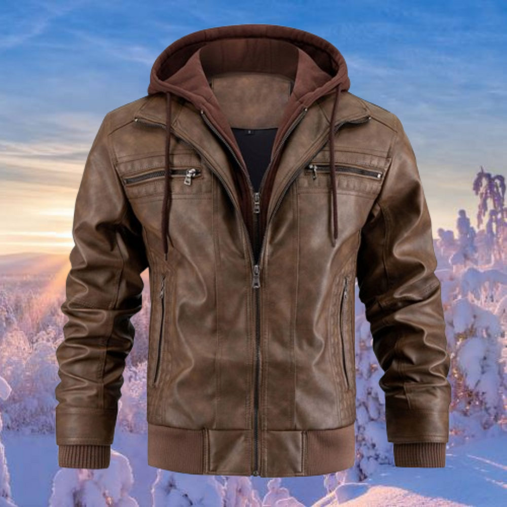 Men's Hooded Faux Leather Bomber Jacket, Zip Up Layered Hood Winter Jacket