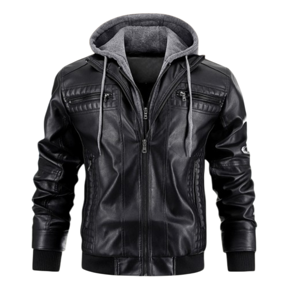 Men's Hooded Faux Leather Bomber Jacket, Zip Up Layered Hood Winter Jacket