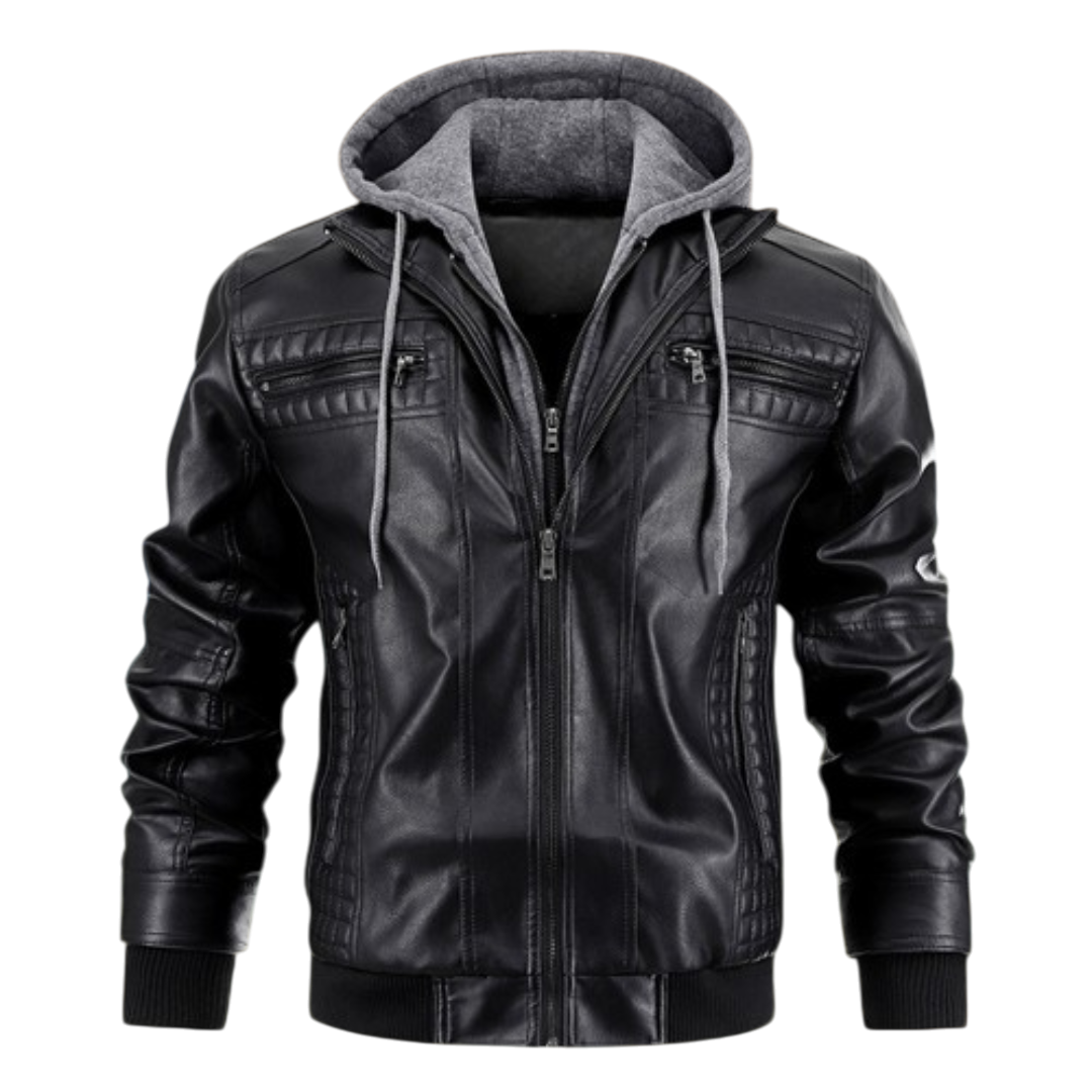 Men's Hooded Faux Leather Bomber Jacket, Zip Up Layered Hood Winter Jacket