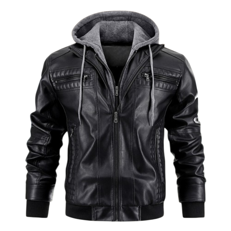 Men's Hooded Faux Leather Bomber Jacket, Zip Up Layered Hood Winter Jacket