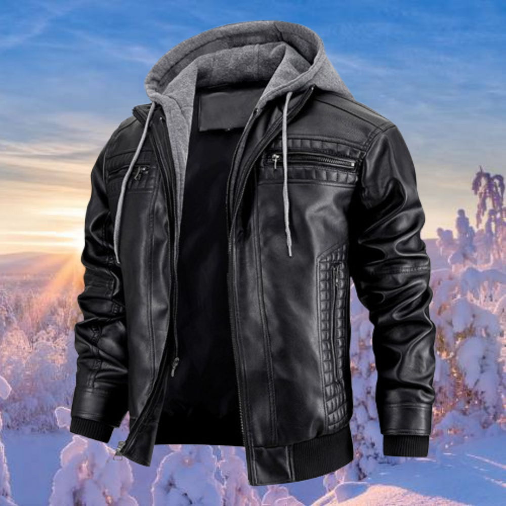 Men's Hooded Faux Leather Bomber Jacket, Zip Up Layered Hood Winter Jacket