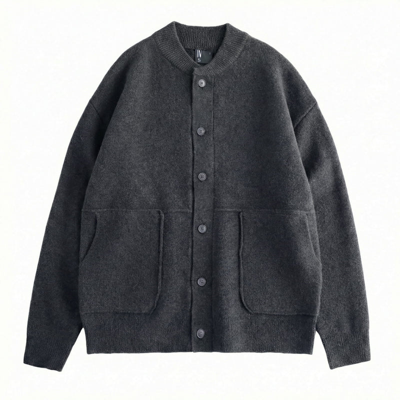 Men's Brushed Knit Cardigan, Button Front Patch Pocket Crewneck Sweater