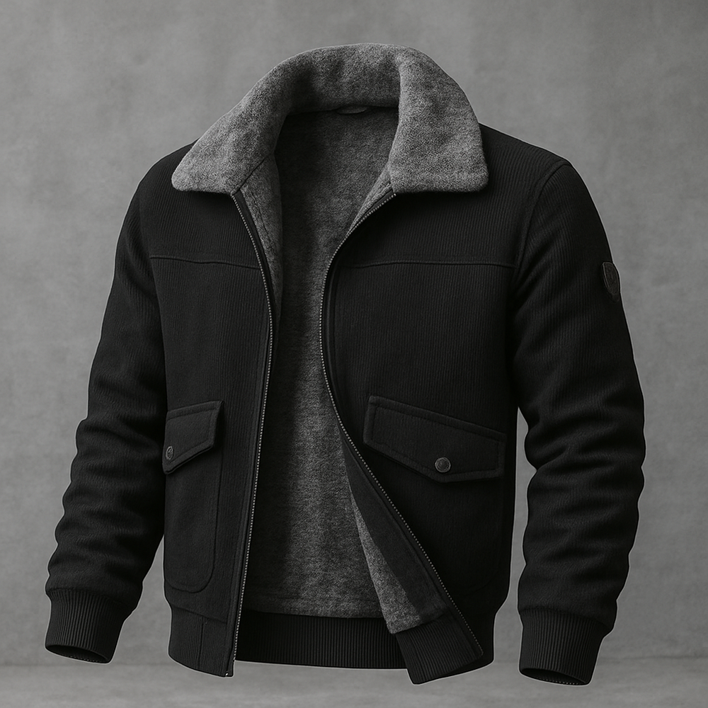 Men's Faux Fur Collar Bomber Jacket, Fleece Lined Zip Up Winter Jacket